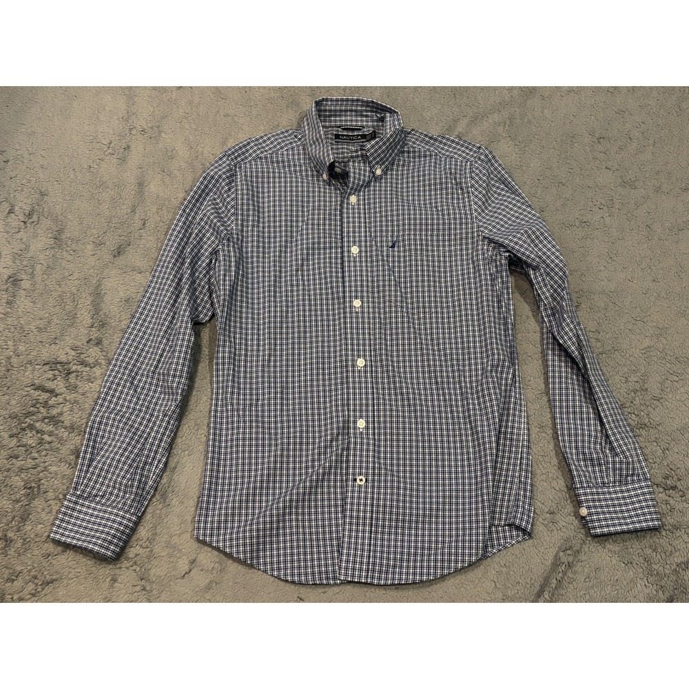 Nautica Mens Small Blue White Gingham Micro Check Button Down Cotton Shirt